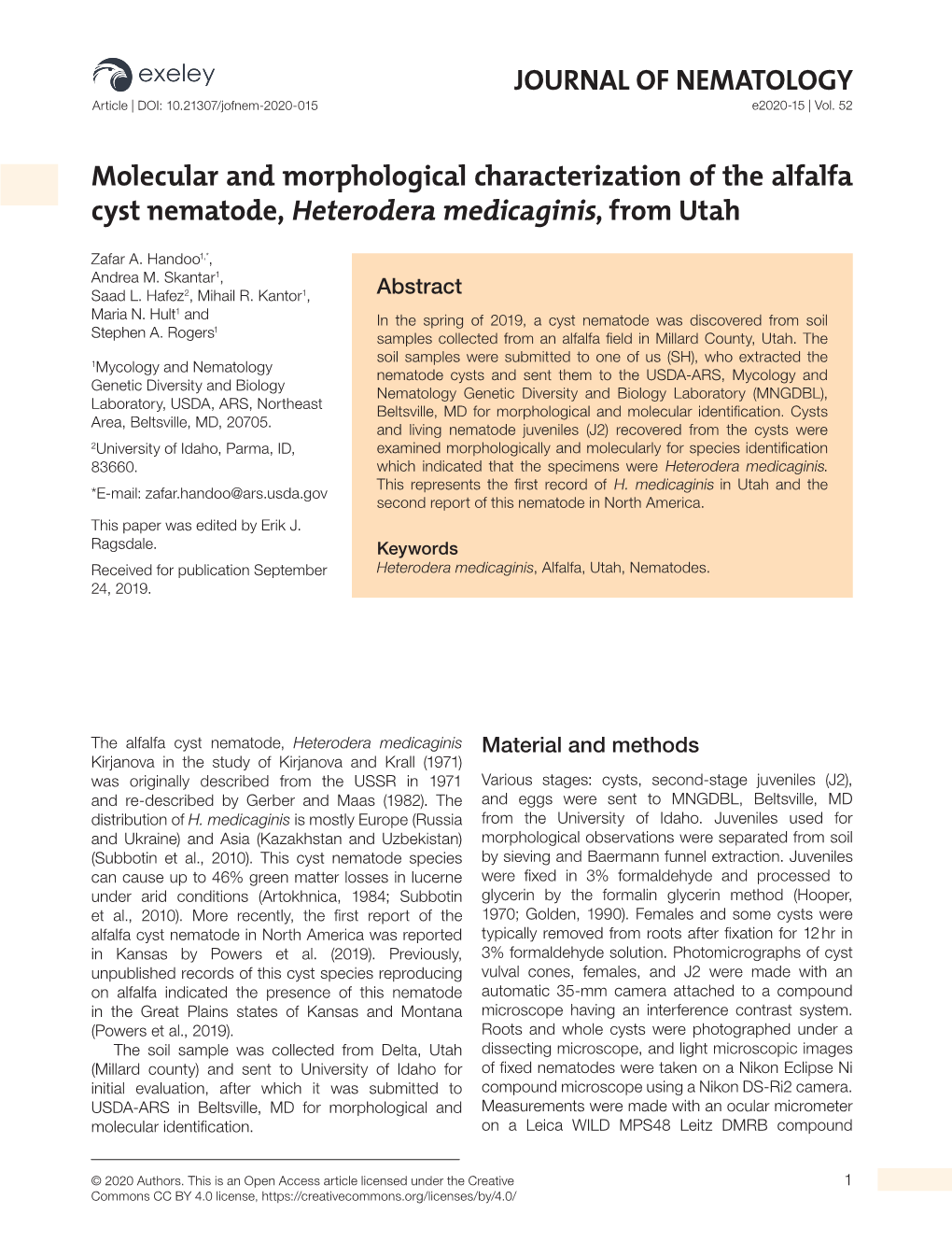 JOURNAL of NEMATOLOGY Molecular and Morphological Characterization of the Alfalfa Cyst Nematode, Heterodera Medicaginis, from Ut