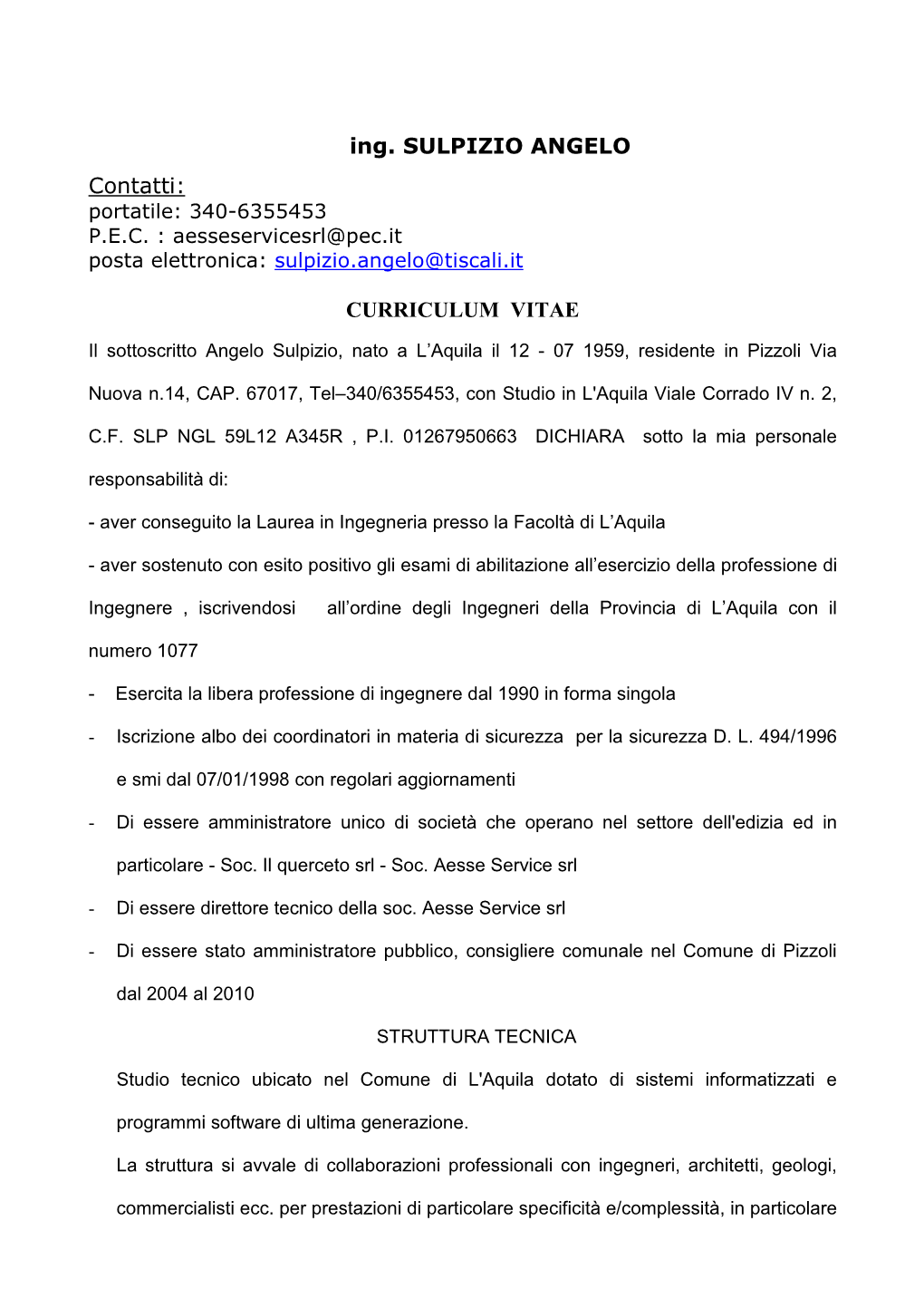 Ing. SULPIZIO ANGELO Contatti: CURRICULUM VITAE