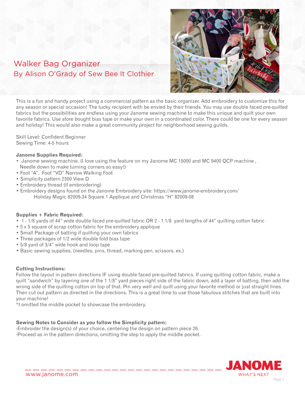 Walker Bag Organizer by Alison O’Grady of Sew Bee It Clothier