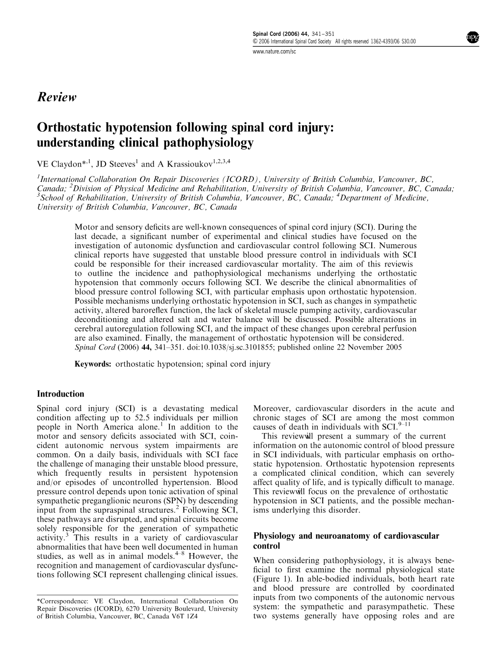 Review Orthostatic Hypotension Following Spinal Cord Injury