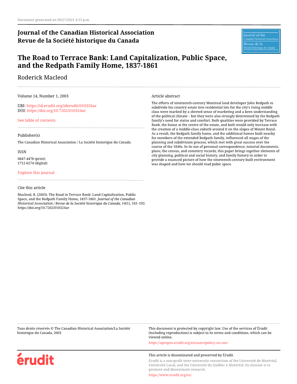 Land Capitalization, Public Space, and the Redpath Family Home, 1837-1861 Roderick Macleod