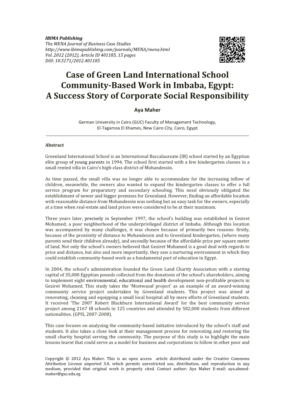 Case of Green Land International School Community-Based Work in Imbaba, Egypt: a Success Story of Corporate Social Responsibility
