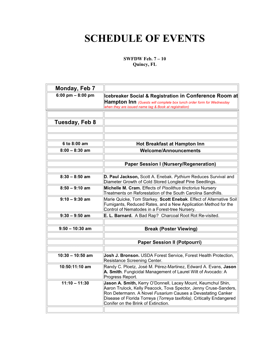 Schedule of Events s1