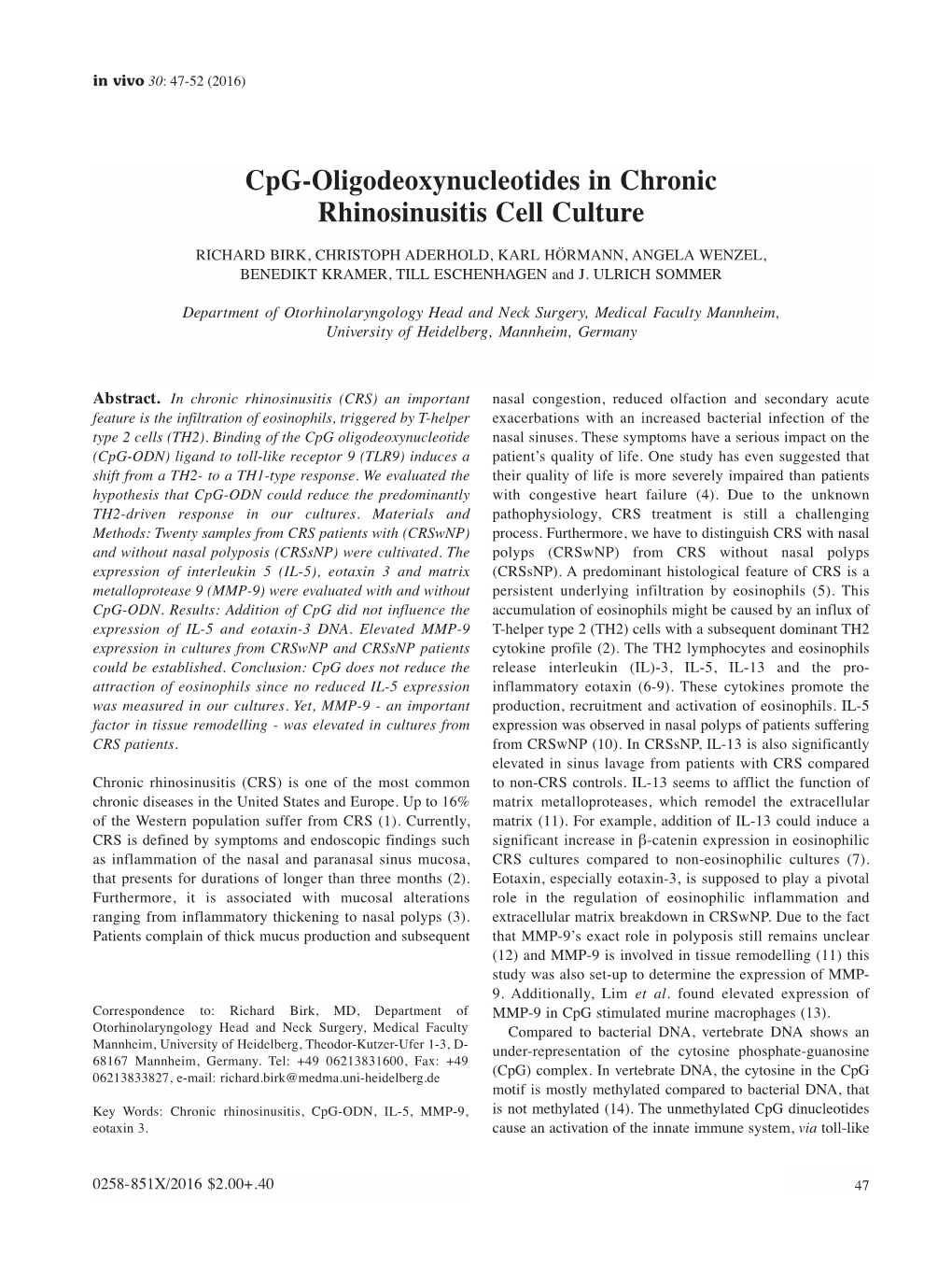 Cpg-Oligodeoxynucleotides in Chronic Rhinosinusitis Cell Culture