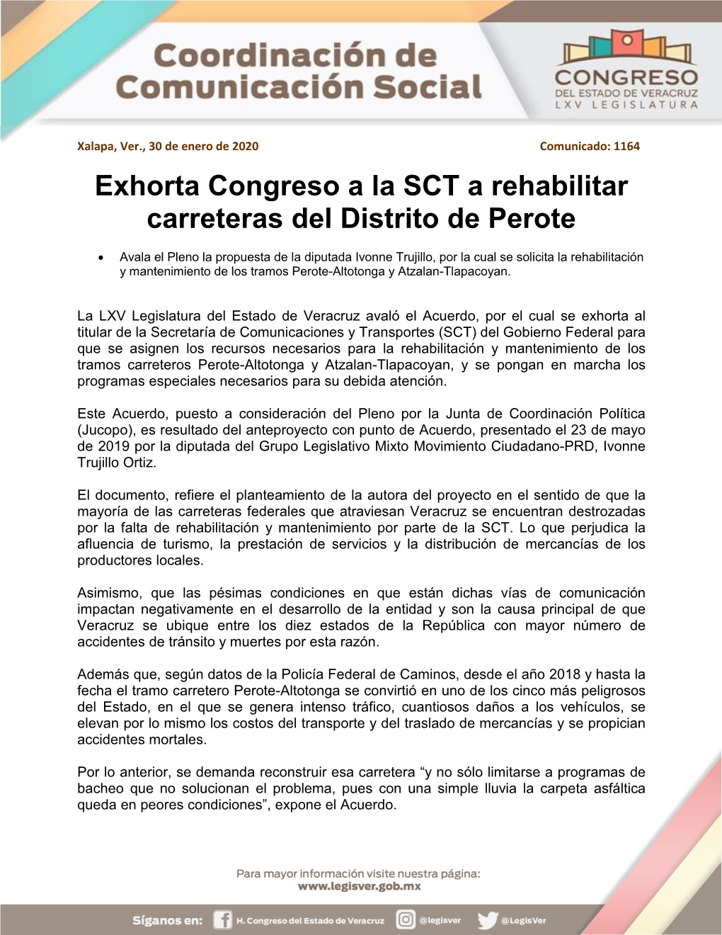Exhorta Congreso a La SCT a Rehabilitar Carreteras Del Distrito De Perote