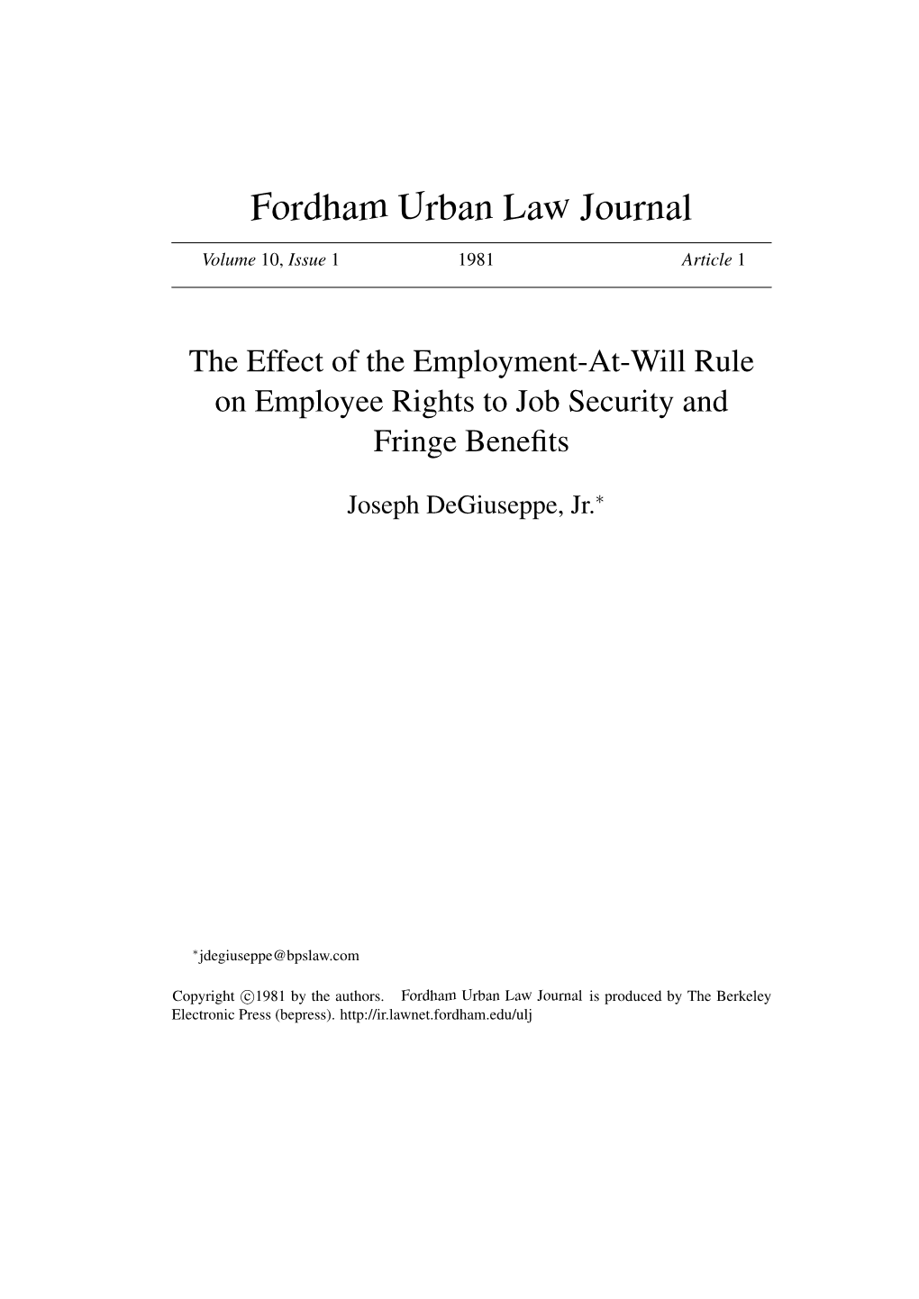 The Effect of the Employment-At-Will Rule on Employee Rights to Job Security and Fringe Benefits