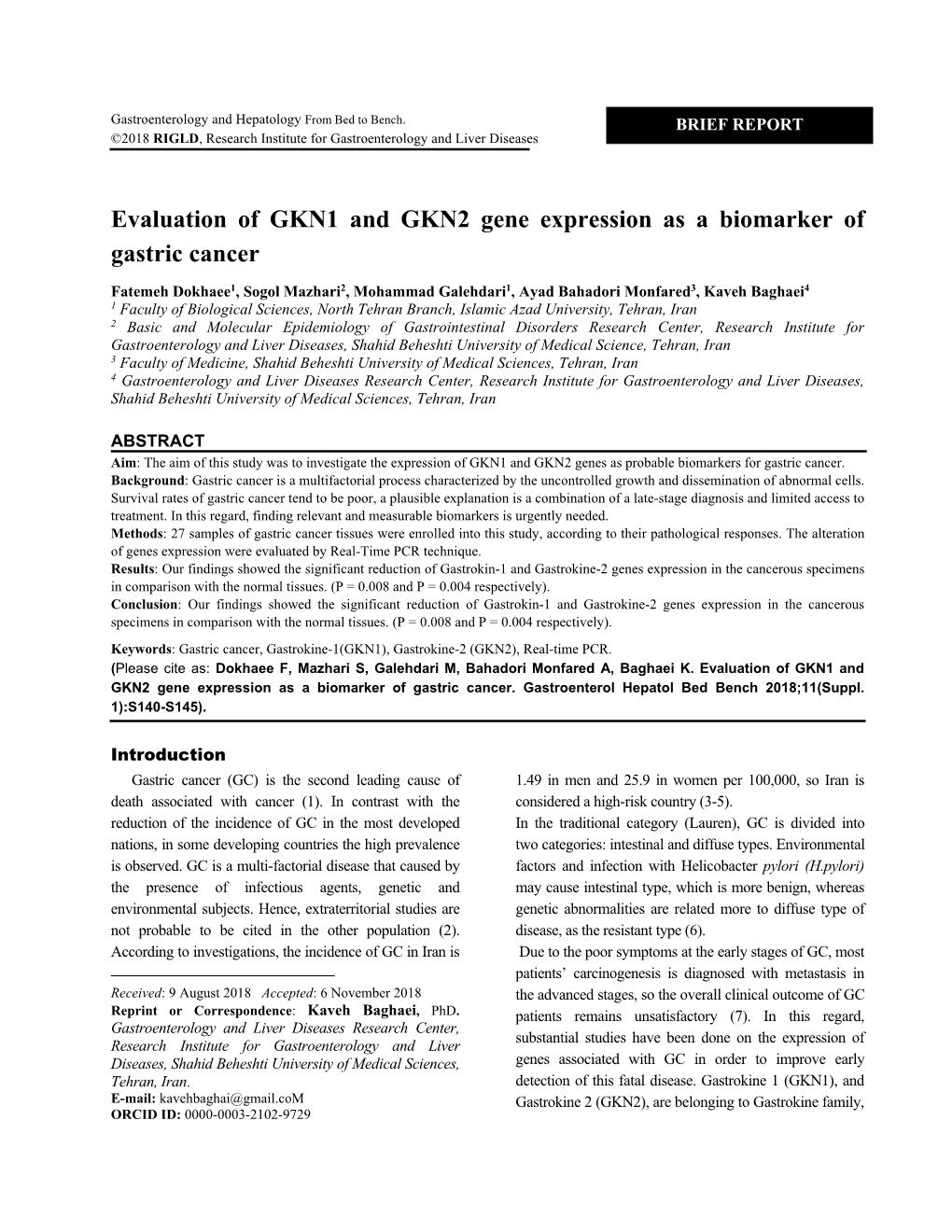 Evaluation of GKN1 and GKN2 Gene Expression As a Biomarker of Gastric Cancer