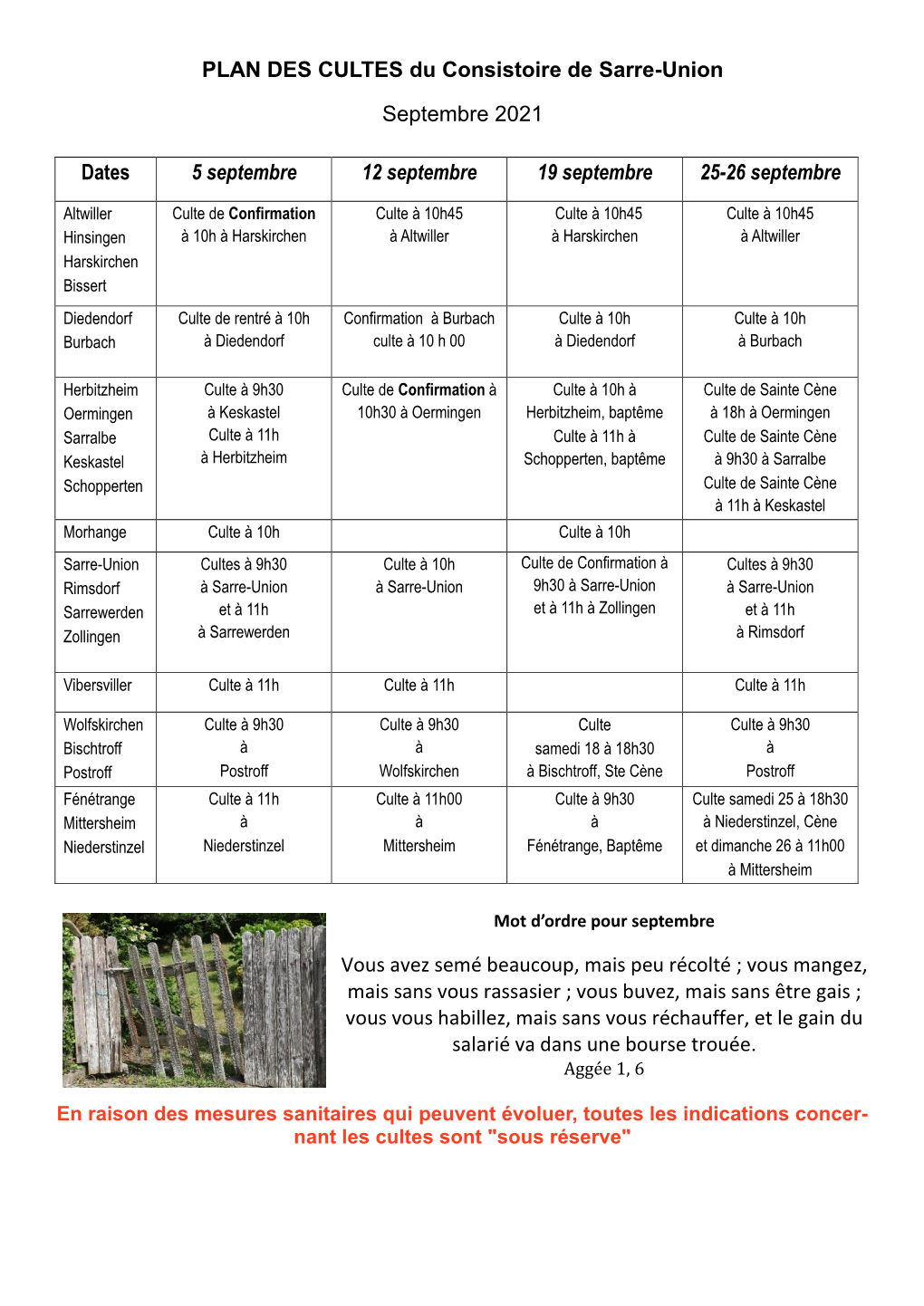 PLAN DES CULTES Du Consistoire De Sarre-Union Septembre 2021