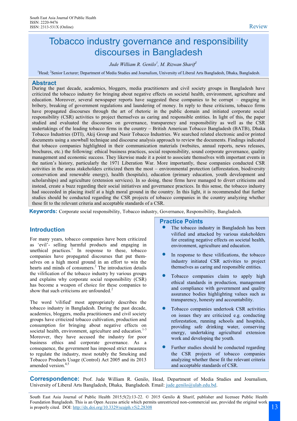 Tobacco Industry Governance and Responsibility Discourses in Bangladesh Jude William R