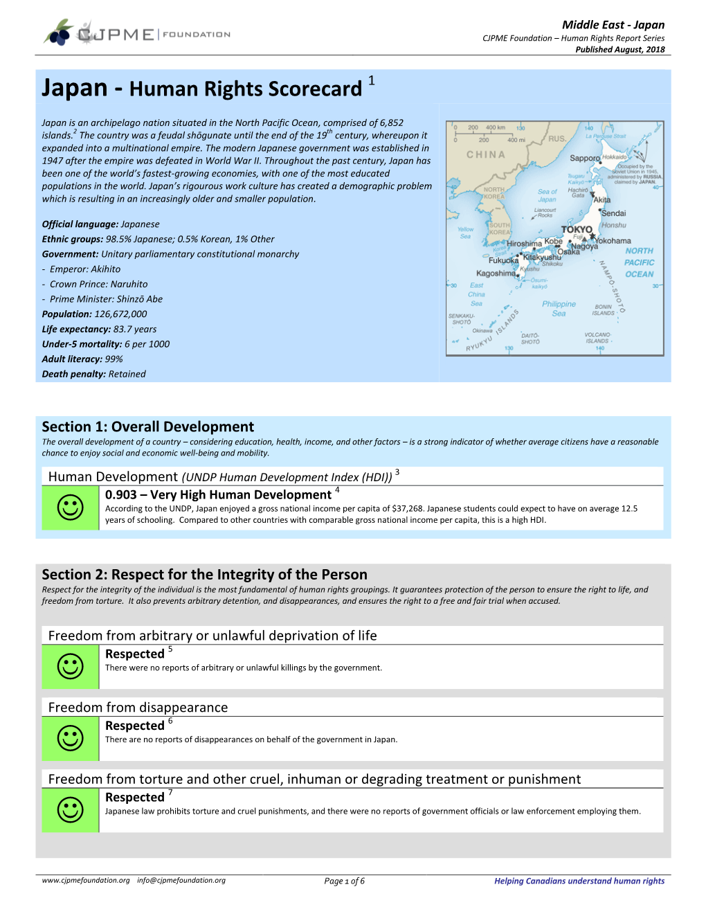 Japan CJPME Foundation – Human Rights Report Series Published August, 2018