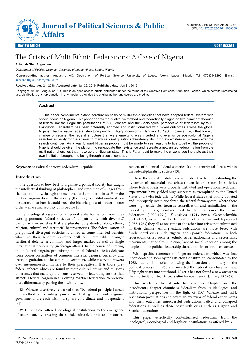 The Crisis of Multi-Ethnic Federations: a Case of Nigeria