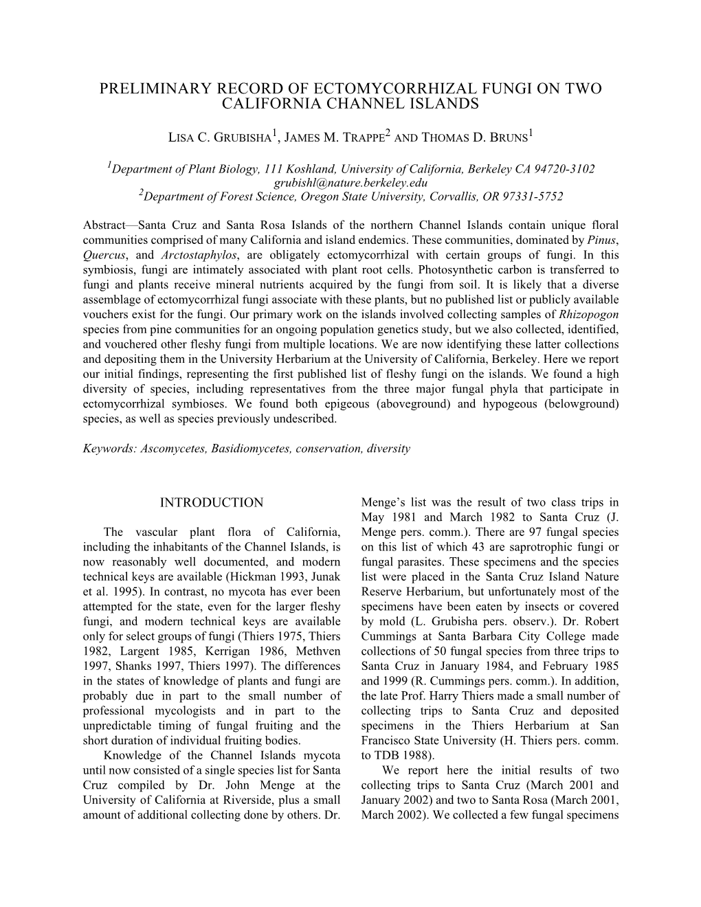 Preliminary Record of Ectomycorrhizal Fungi on Two California Channel Islands