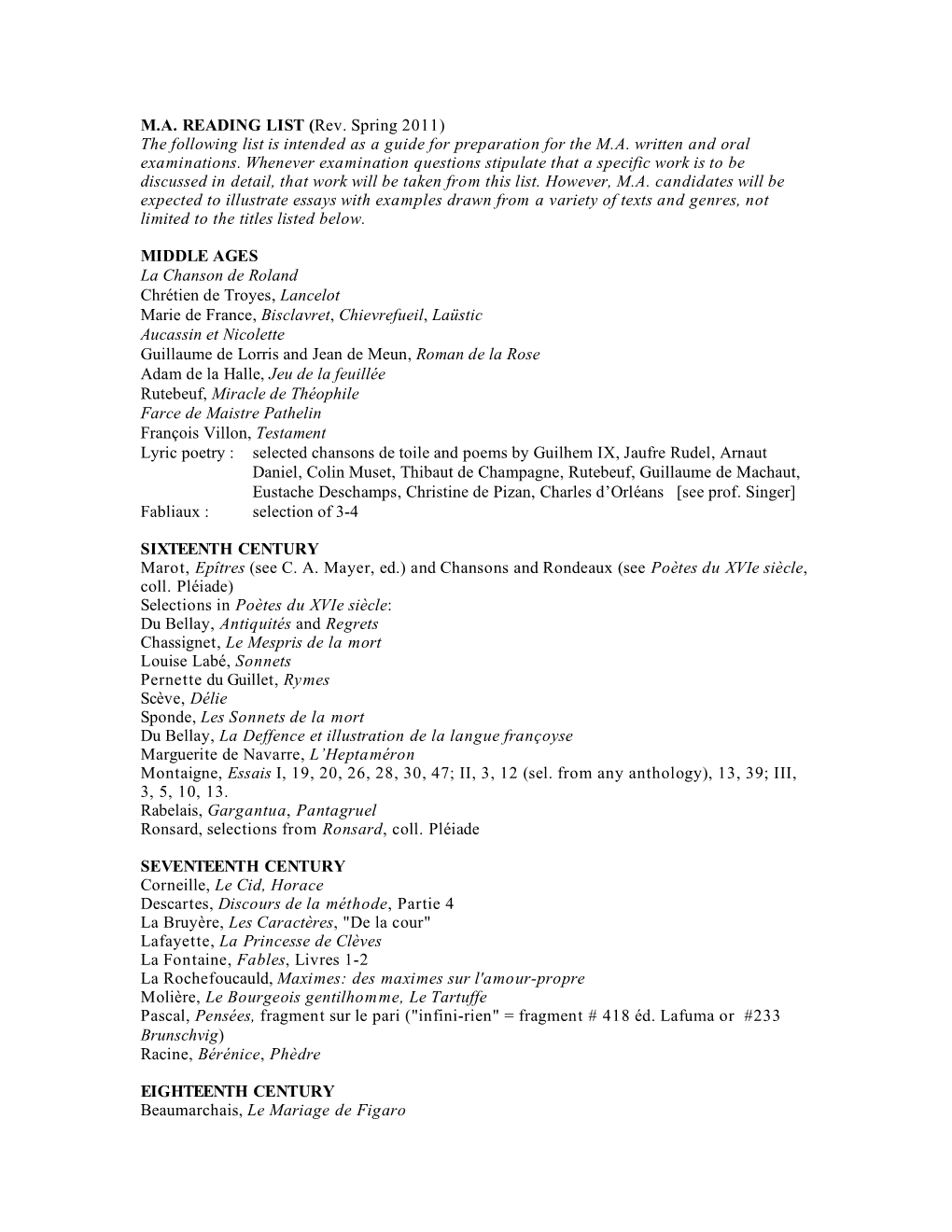 M.A. READING LIST (Rev. Spring 2011) the Following List Is Intended As a Guide for Preparation for the M.A