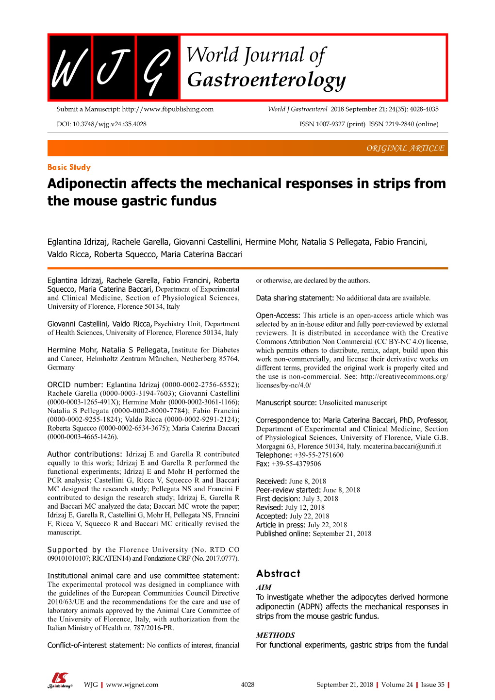 Adiponectin Affects the Mechanical Responses in Strips from the Mouse Gastric Fundus