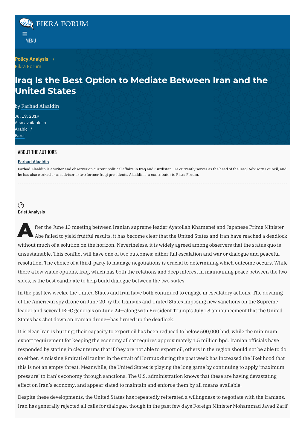 Iraq Is the Best Option to Mediate Between Iran and the United States by Farhad Alaaldin