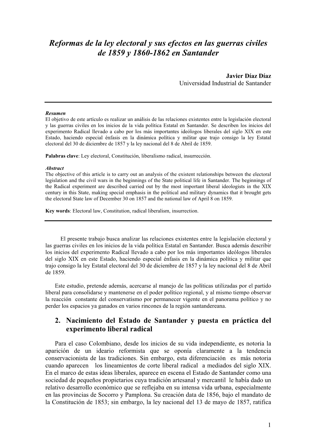 Reformas De La Ley Electoral Y Sus Efectos En Las Guerras Civiles De 1859 Y 1860-1862 En Santander