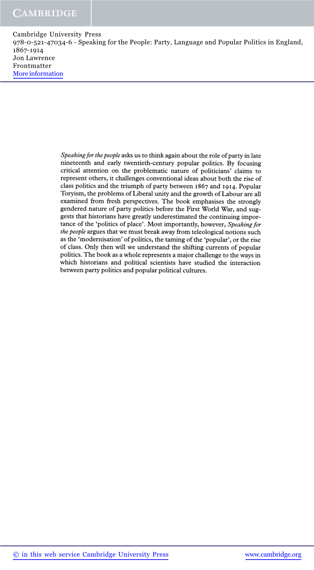 Party, Language and Popular Politics in England, 1867-1914 Jon Lawrence Frontmatter More Information