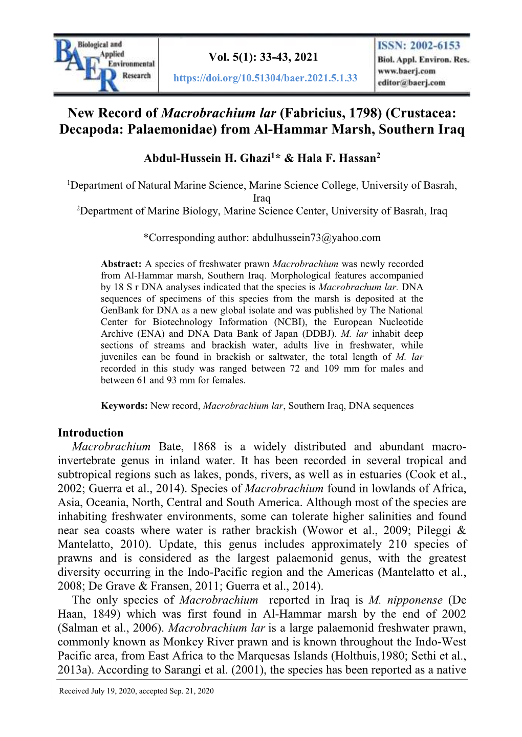 New Record of Macrobrachium Lar (Fabricius, 1798) (Crustacea: Decapoda: Palaemonidae) from Al-Hammar Marsh, Southern Iraq