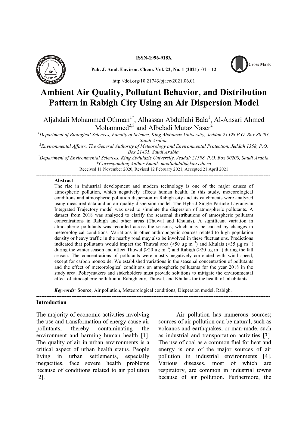 Ambient Air Quality, Pollutant Behavior, and Distribution Pattern in Rabigh City Using an Air Dispersion Model