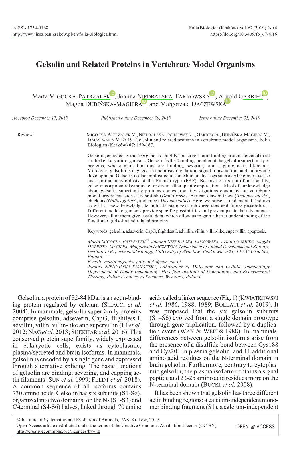 Gelsolin and Related Proteins in Vertebrate Model Organisms