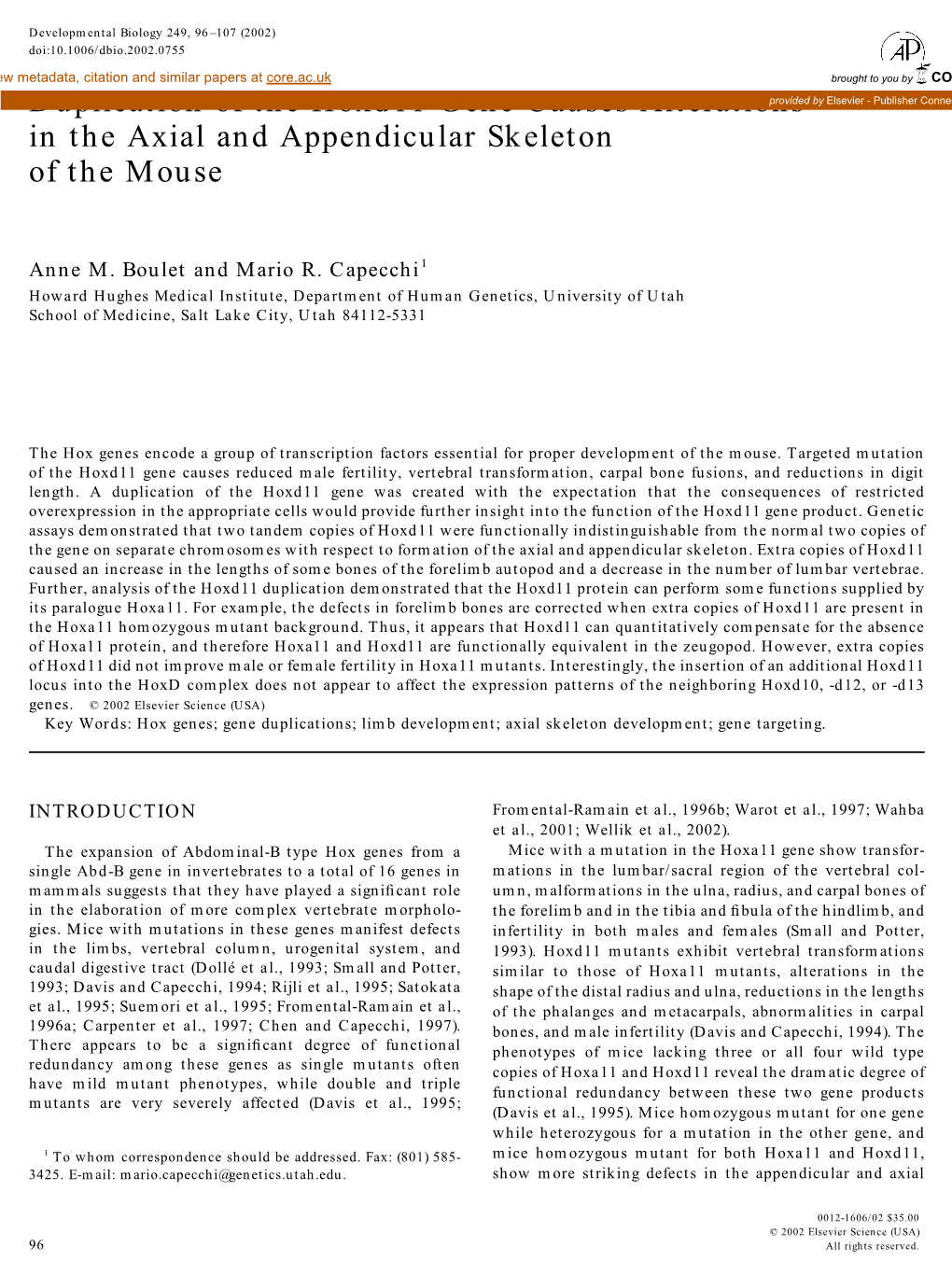 Duplication of the Hoxd11 Gene Causes Alterations in the Axial And