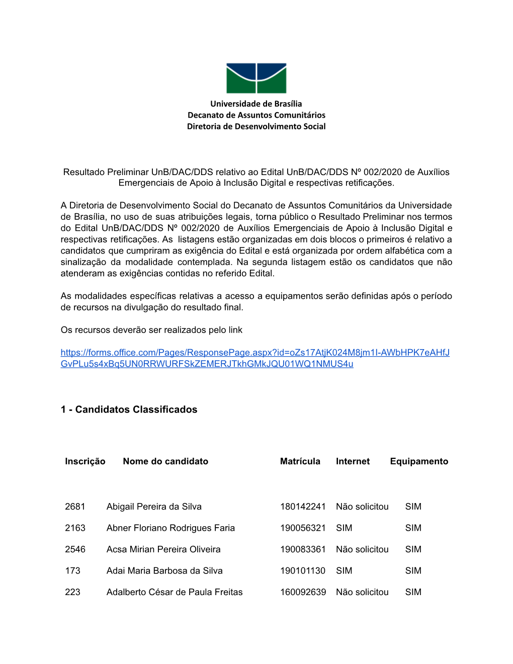 Resultado Preliminar Edital Unb DAC DDS 002 2020