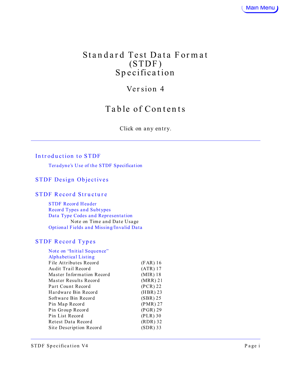 Standard Test Data Format (STDF) Specification Table of Contents
