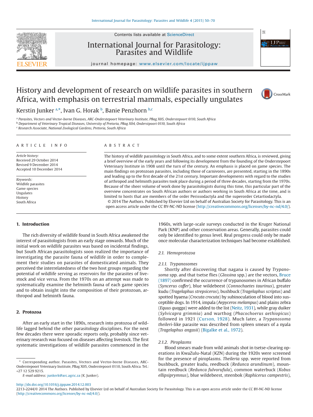 History and Development of Research on Wildlife Parasites in Southern Africa, with Emphasis on Terrestrial Mammals, Especially Ungulates Kerstin Junker A,*, Ivan G