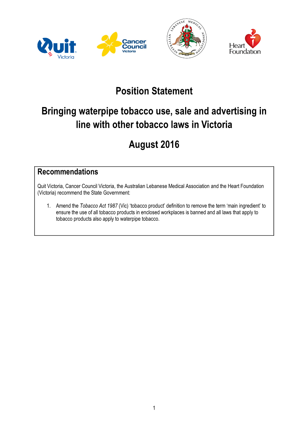 2016 Position Statement: Bringing Waterpipe Tobacco Use, Sale And