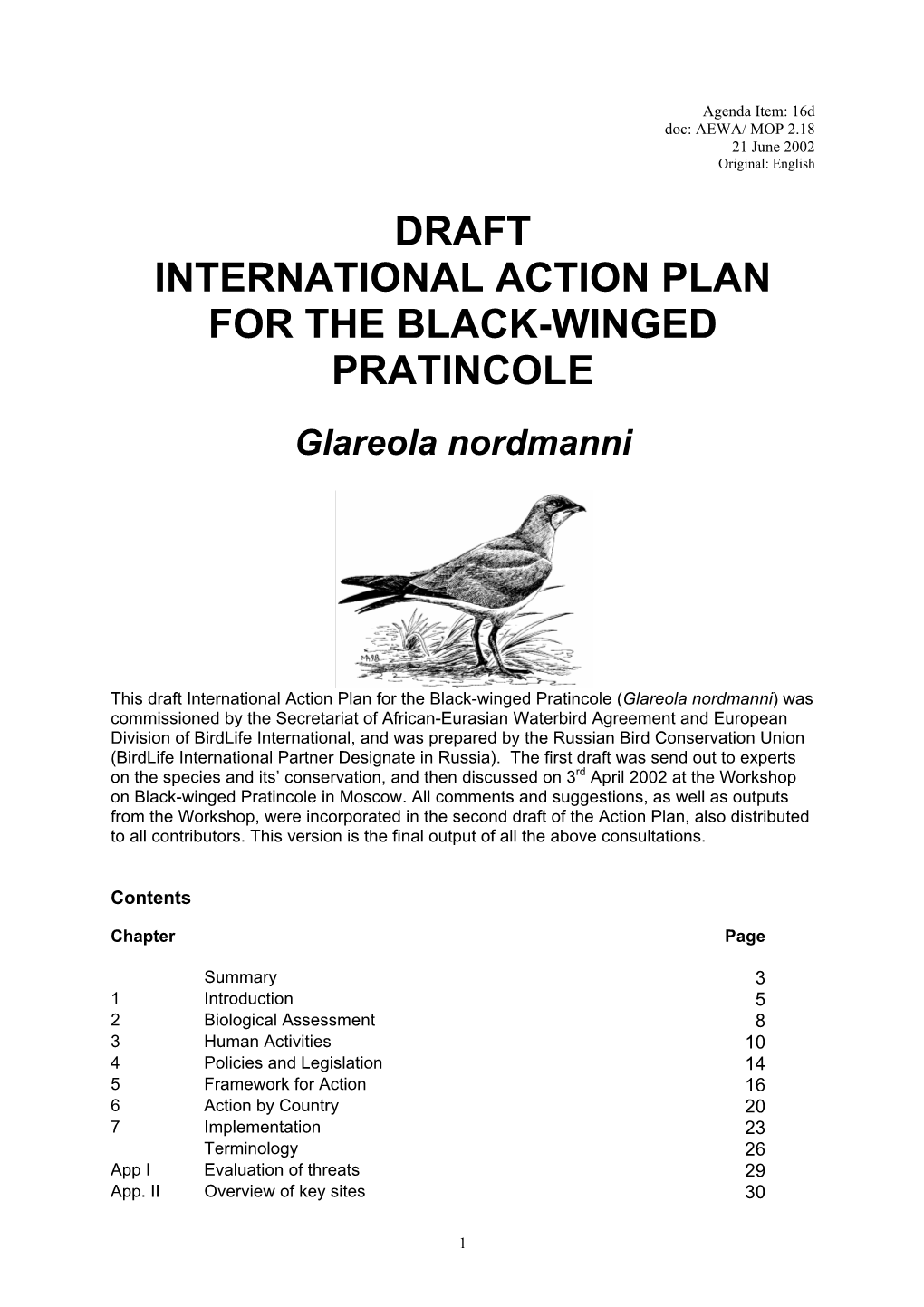 Draft International Action Plan for the Black-Winged Pratincole