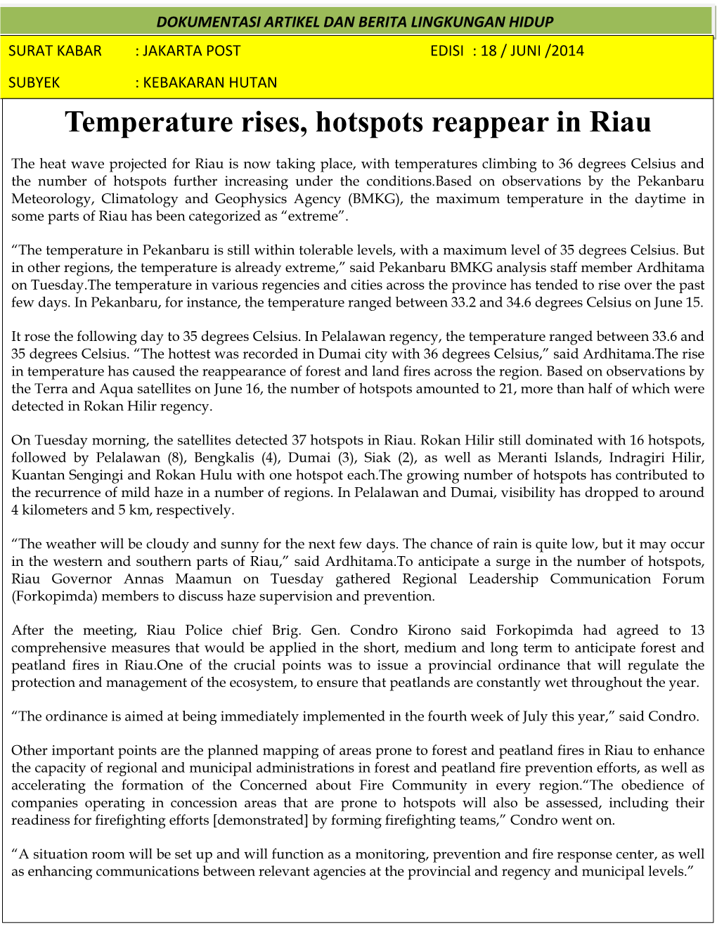 Temperature Rises, Hotspots Reappear in Riau