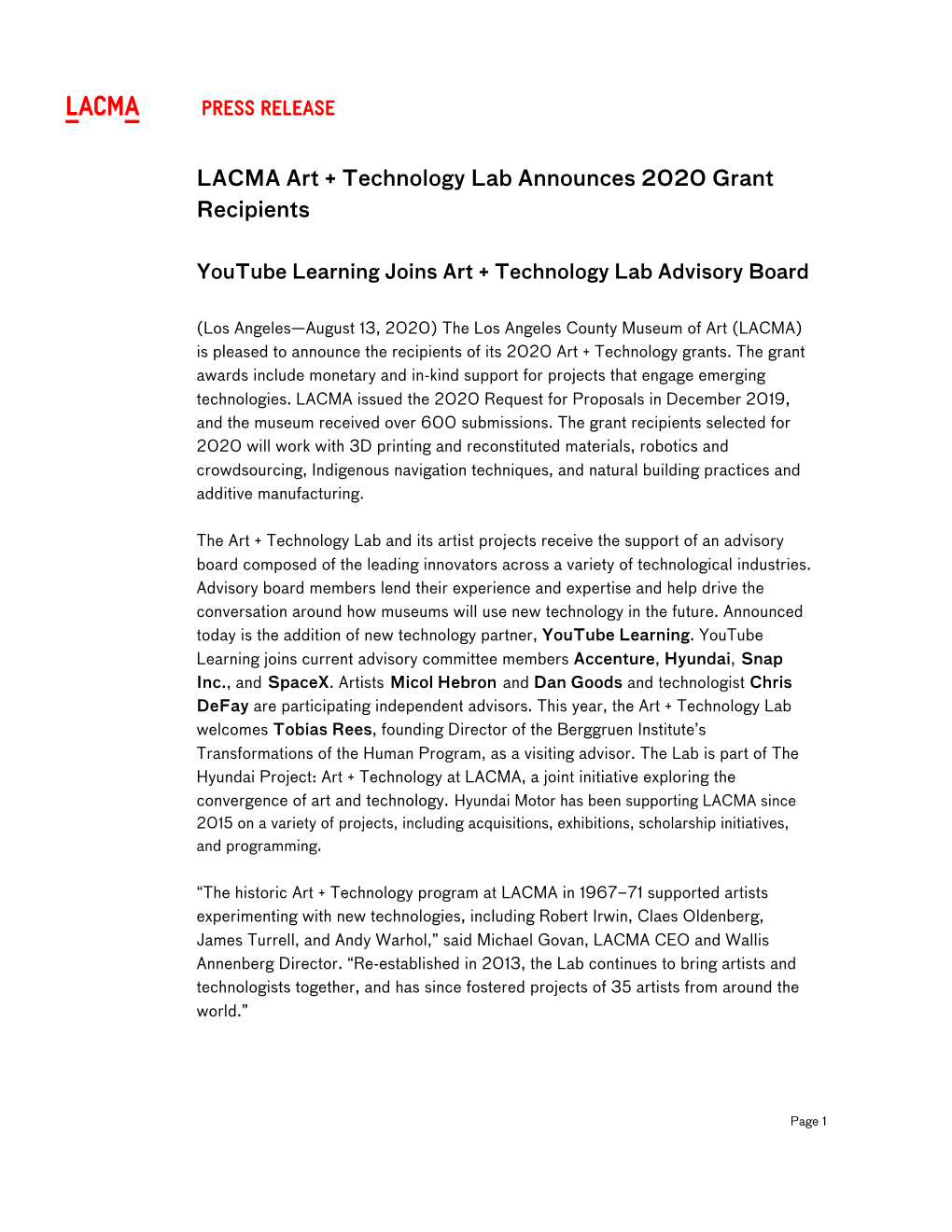 Press Release LACMA Art + Technology Lab Announces 2020