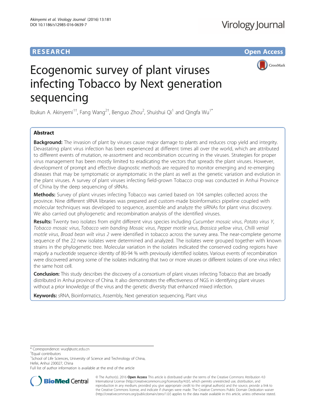 Ecogenomic Survey of Plant Viruses Infecting Tobacco by Next Generation Sequencing Ibukun A