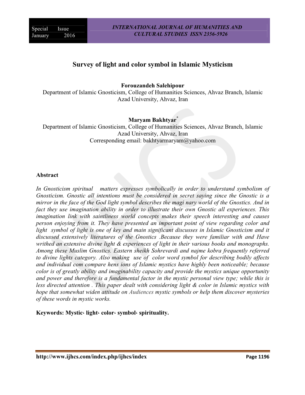 Survey of Light and Color Symbol in Islamic Mysticism