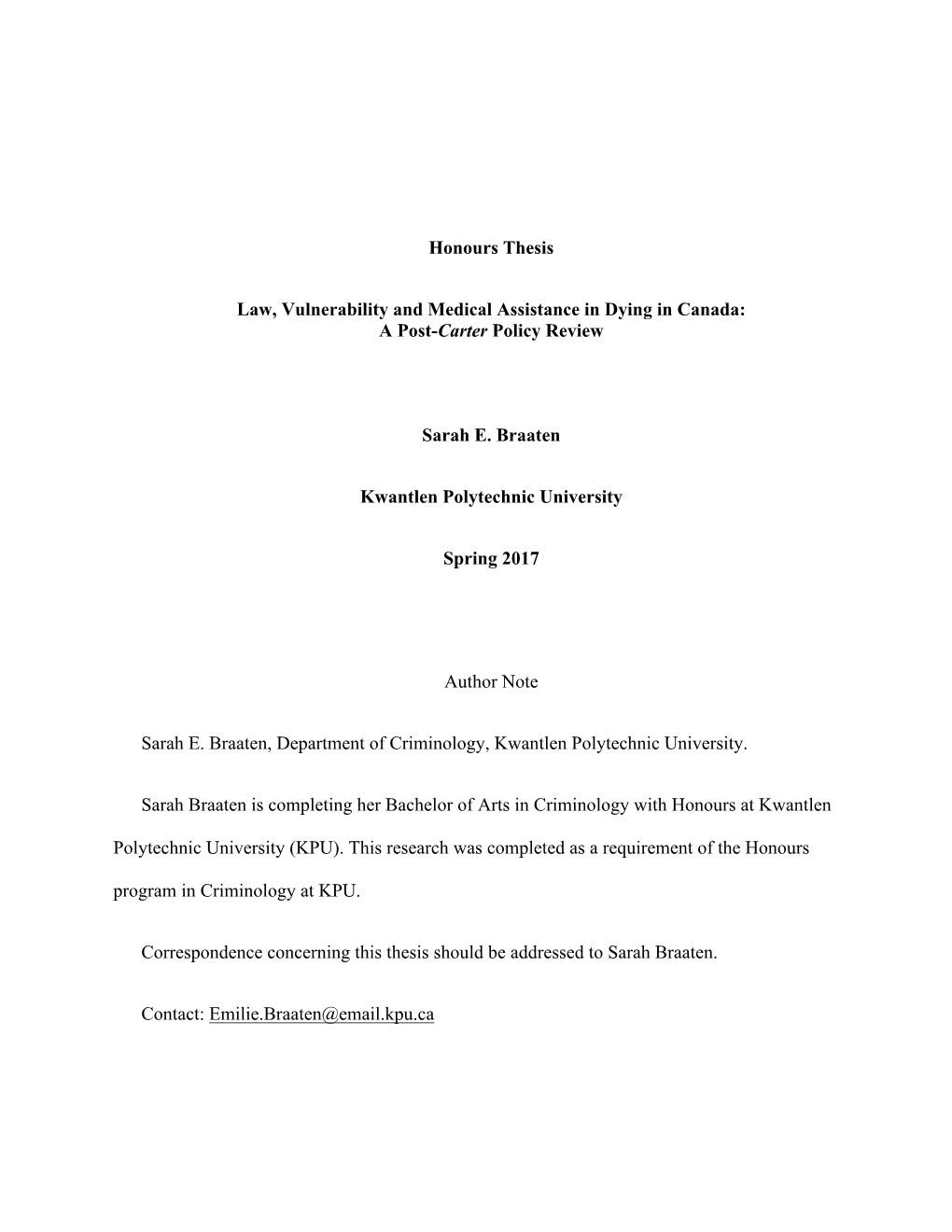 Honours Thesis Law, Vulnerability and Medical Assistance In