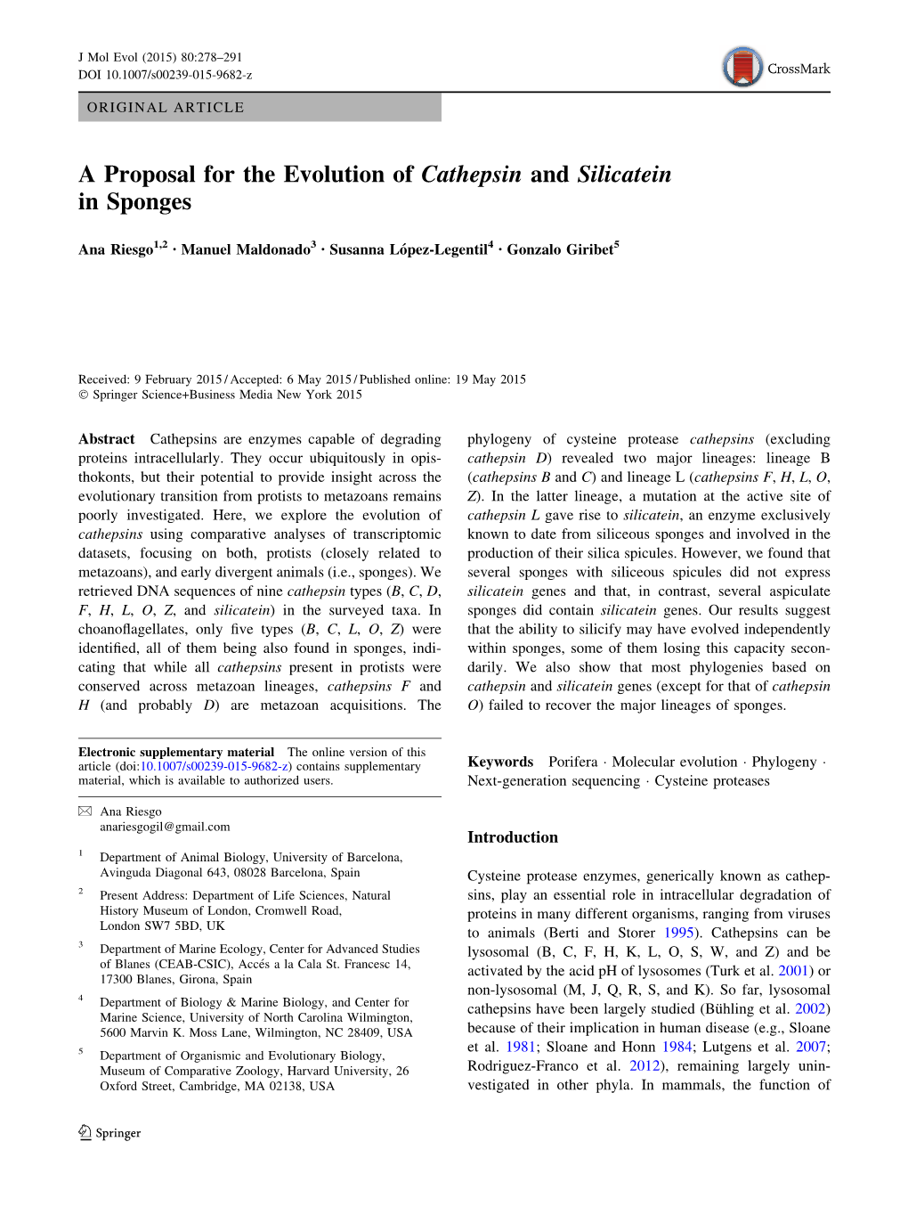 A Proposal for the Evolution of Cathepsin and Silicatein in Sponges