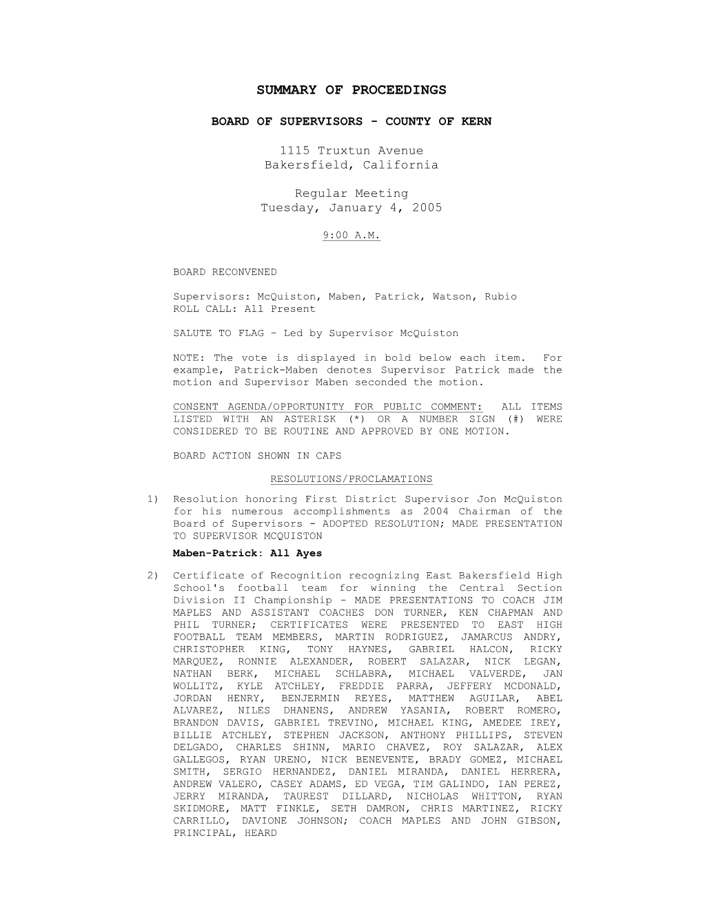 Kern County Board of Supervisors Summary of Proceedings for January 4, 2005