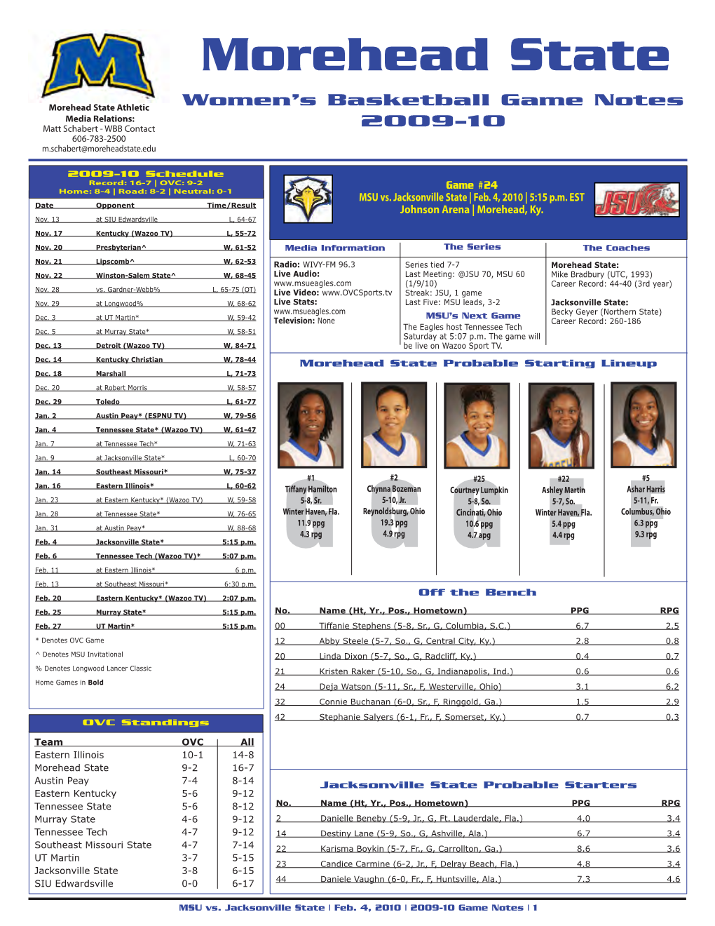 Game Notes Media Relations: Matt Schabert - WBB Contact 2009-10 606-783-2500 M.Schabert@Moreheadstate.Edu