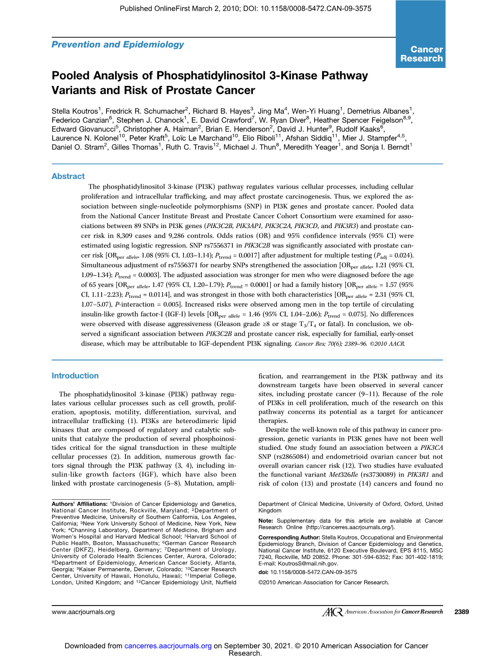 Pooled Analysis of Phosphatidylinositol 3-Kinase Pathway Variants and Risk of Prostate Cancer