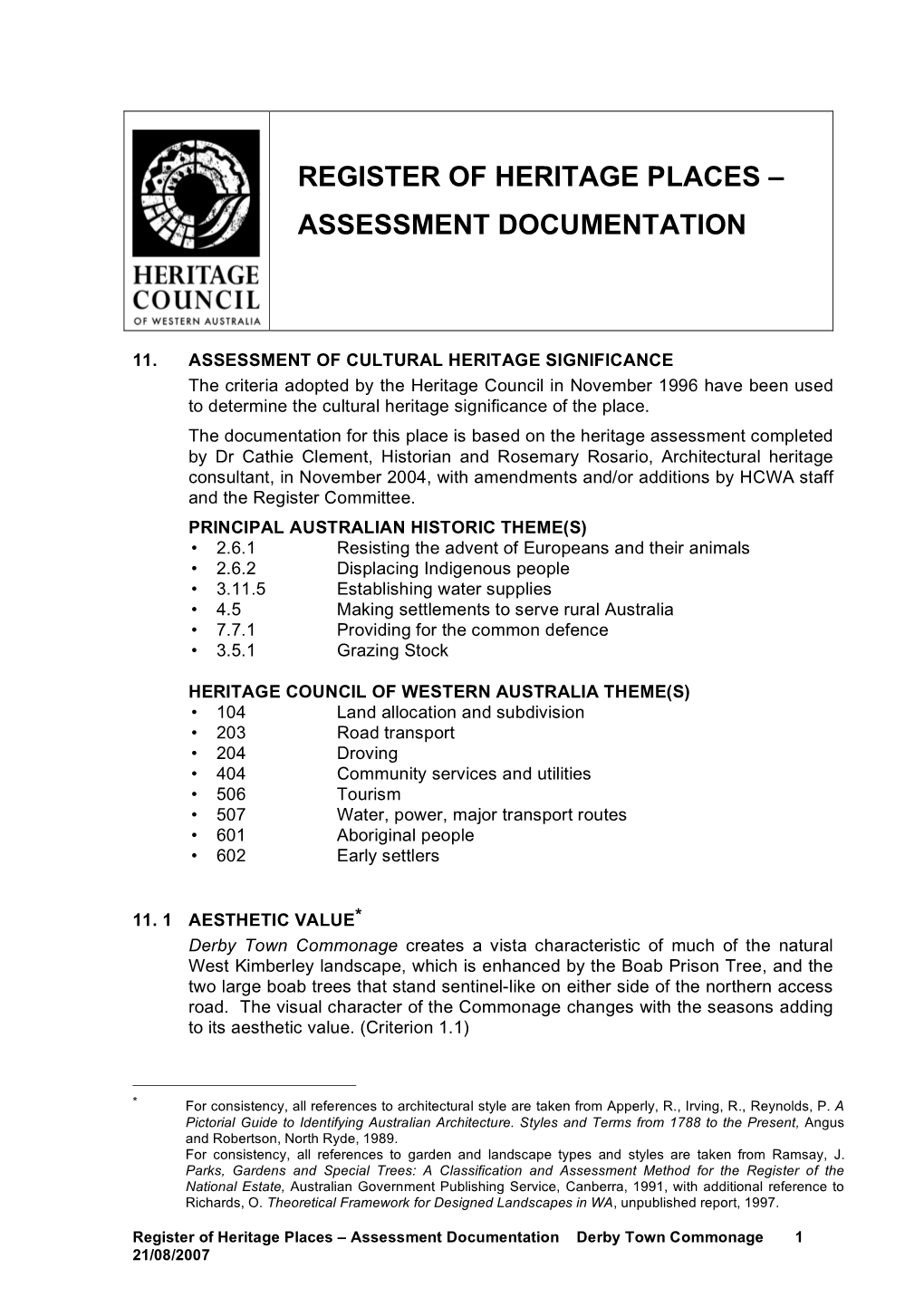 Register of Heritage Places – Assessment Documentation