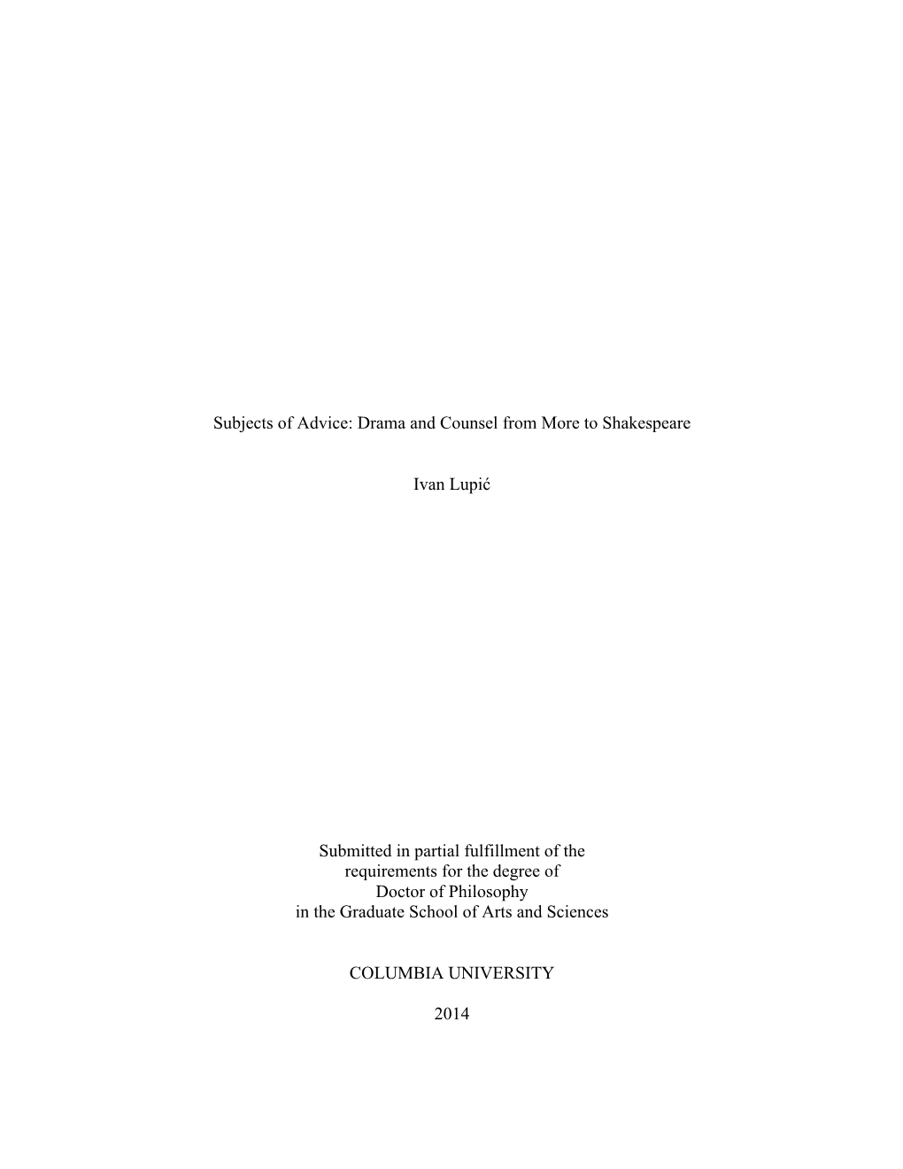 Subjects of Advice: Drama and Counsel from More to Shakespeare