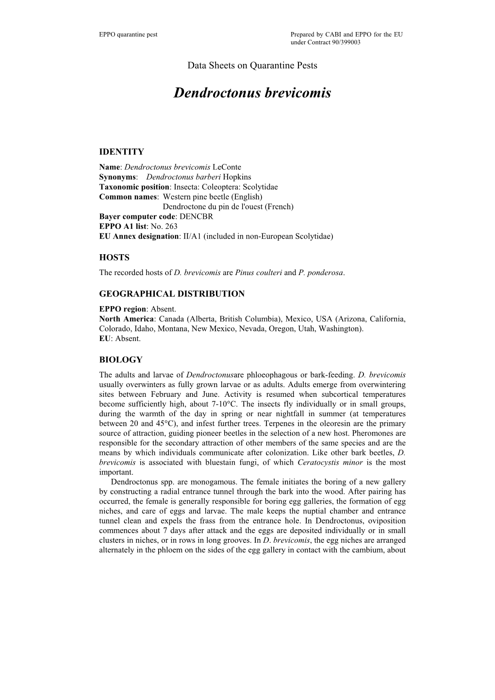 Data Sheet on Dendroctonus Brevicomis