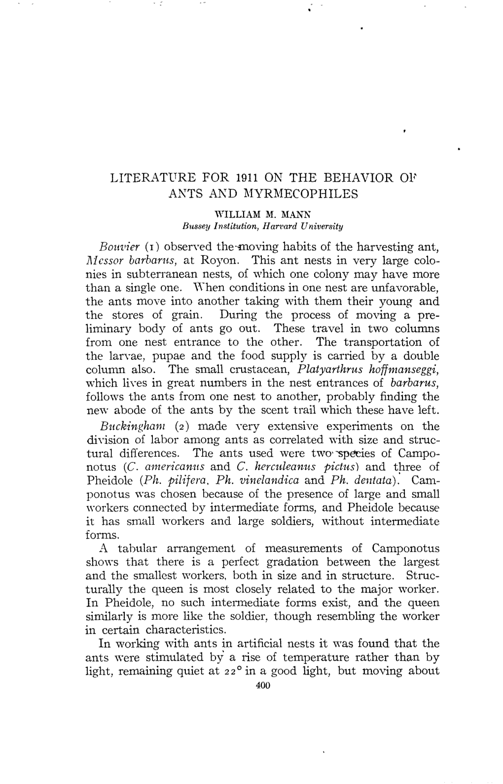 LITERATURE for 1911 on the BEHAVIOR of ANTS and MYRMECOPHILES Bouvier