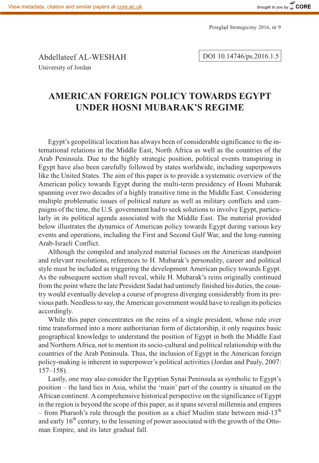 American Foreign Policy Towards Egypt Under Hosni Mubarak’S Regime