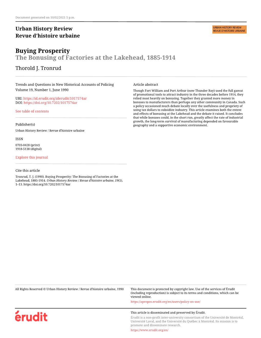 Buying Prosperity: the Bonusing of Factories at the Lakehead, 1885-1914