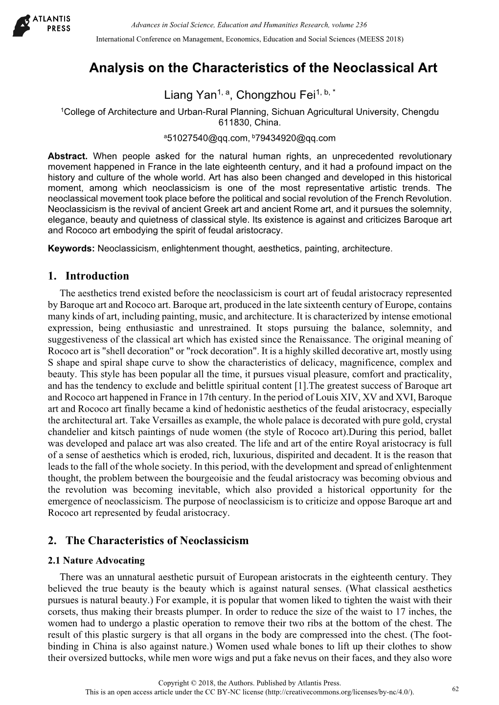 Analysis on the Characteristics of the Neoclassical Art