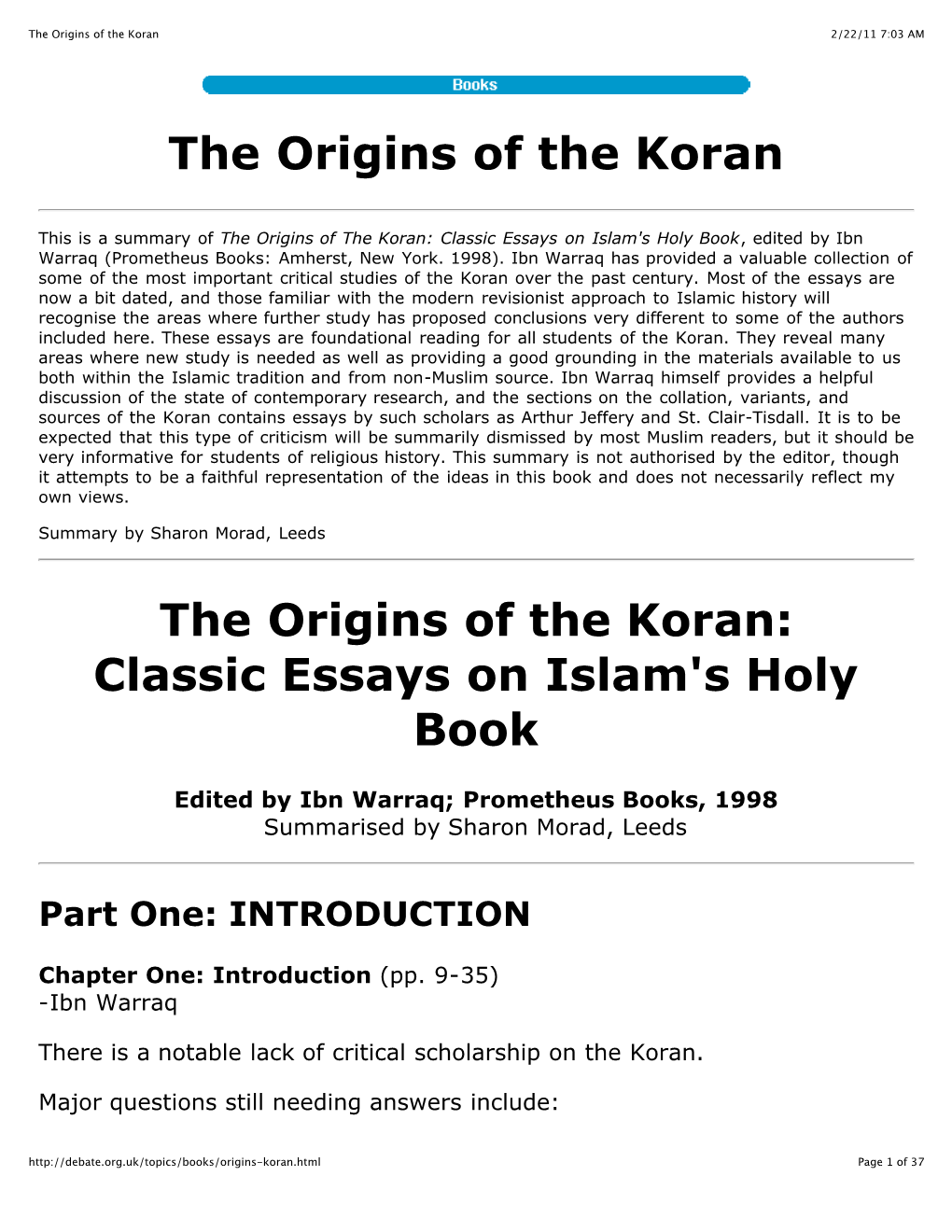 The Origins of the Koran 2/22/11 7:03 AM