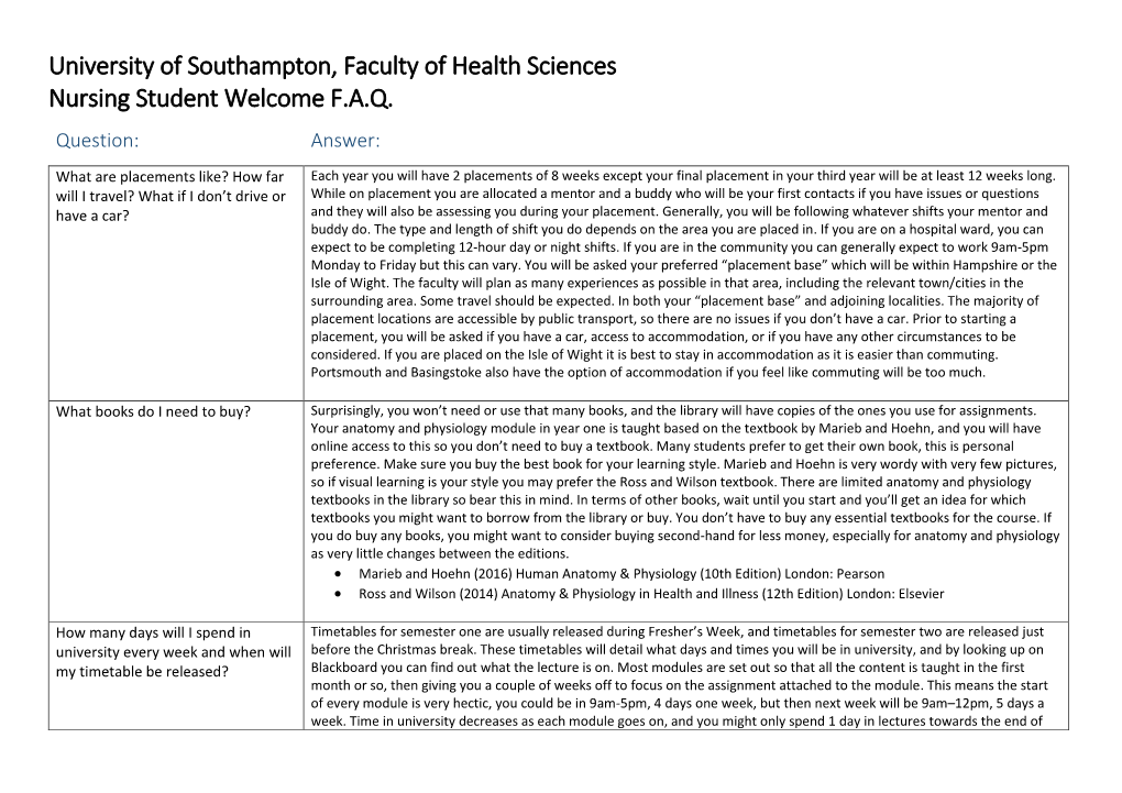 University of Southampton, Faculty of Health Sciences Nursing Student Welcome F.A.Q