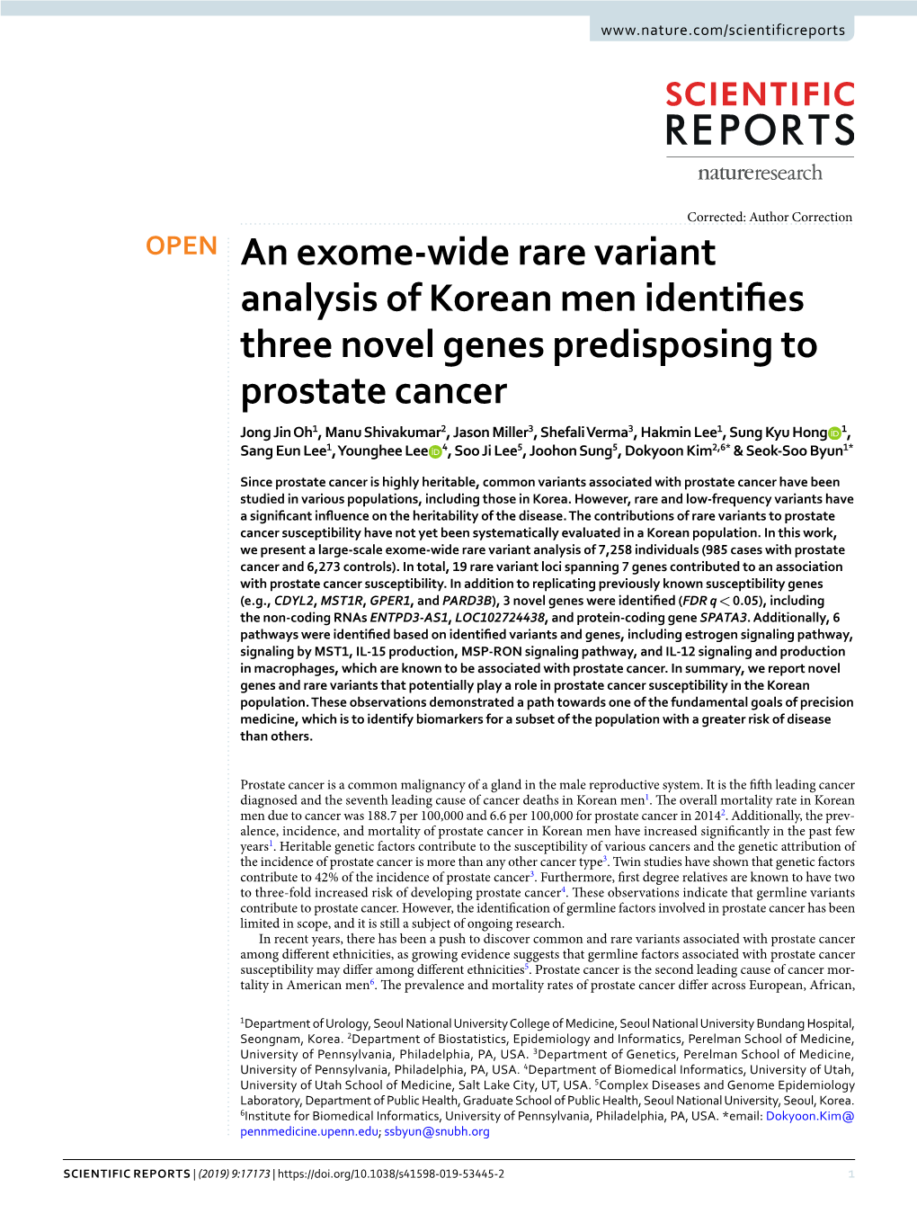 An Exome-Wide Rare Variant Analysis of Korean Men Identifies Three