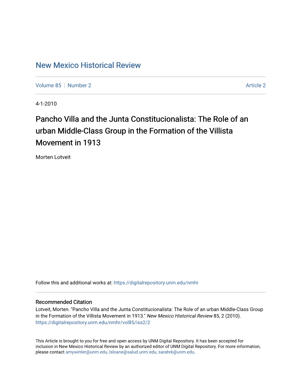 Pancho Villa and the Junta Constitucionalista: the Role of an Urban Middle-Class Group in the Formation of the Villista Movement in 1913